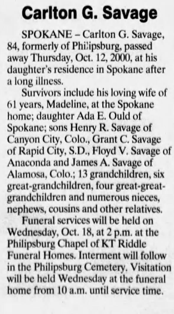Obituary for Carlton G. Savage (Aged 84)